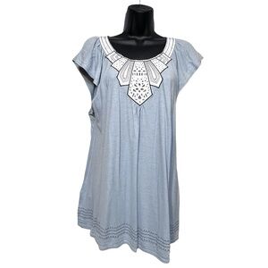 BCBGMaxAzria Knit Top Light Blue Tunic Art Deco Embroidery Cut Outs Large